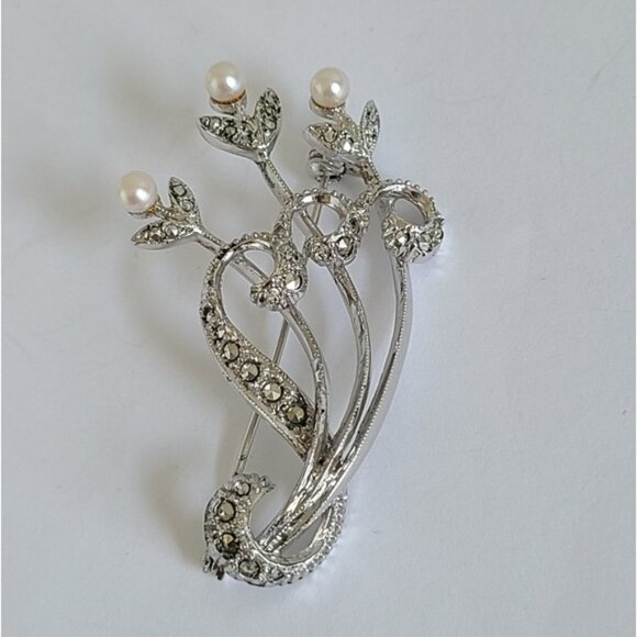 Vintage Boho Sterling Silver Marcasite Crystal Pearl Flower Brooch Pin - Picture 4 of 10